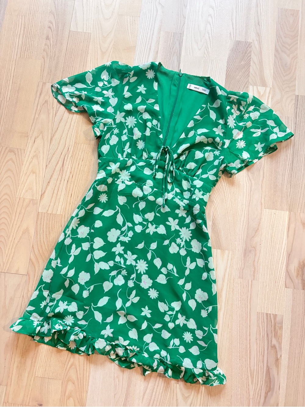 Mango Green and White Floral Tie-Front Mini Dress